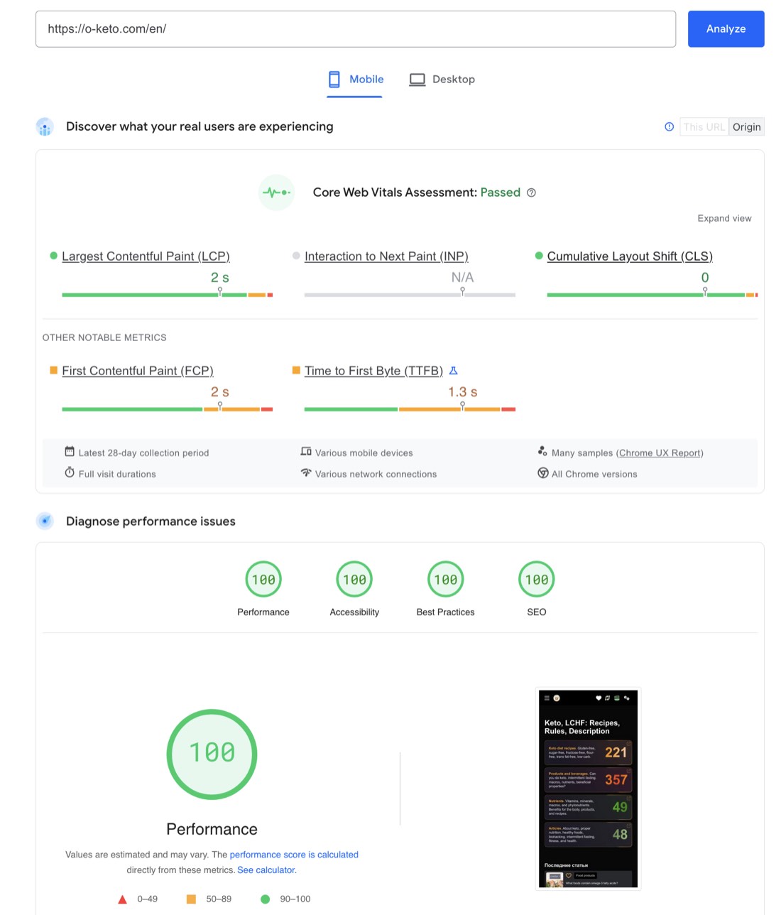 Saved mobile PageSpeed report for O-Keto · homepage: Performance 100.